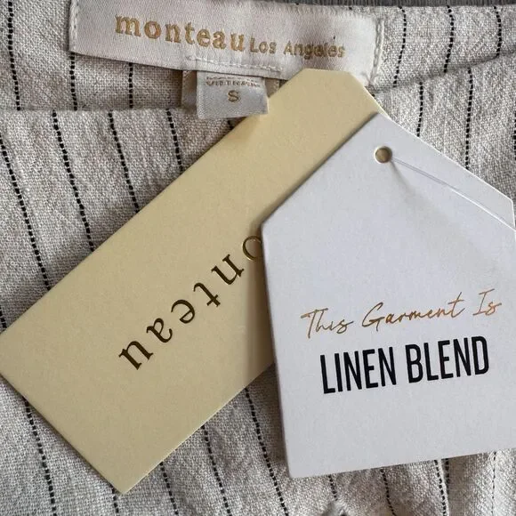 NWT Monteau Mini Dress Small Cream Pinstripe Button Linen Blend Preppy Cottage - Picture 7 of 9